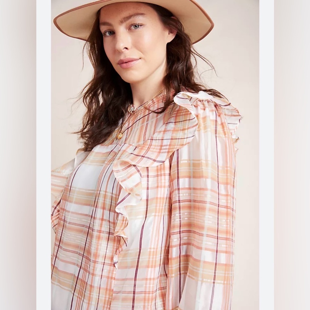 Current Air Polly Ruffle Peasant Plaid Blouse - Orange And Pink Color Size S
